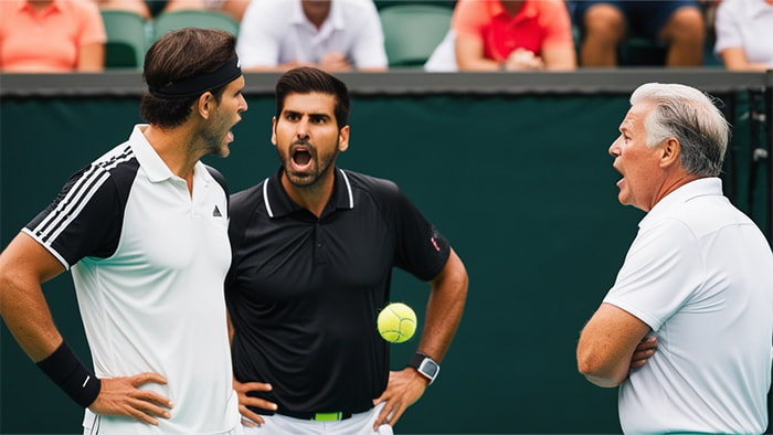 A tennis player arguing with a referee about a bizarre rule, both looking puzzled and slightly amused