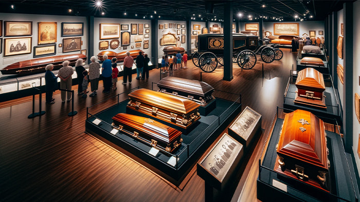 The Museum of Funeral History in Houston, Texas, displaying a range of historical funeral artifacts including caskets, coffins, and hearses