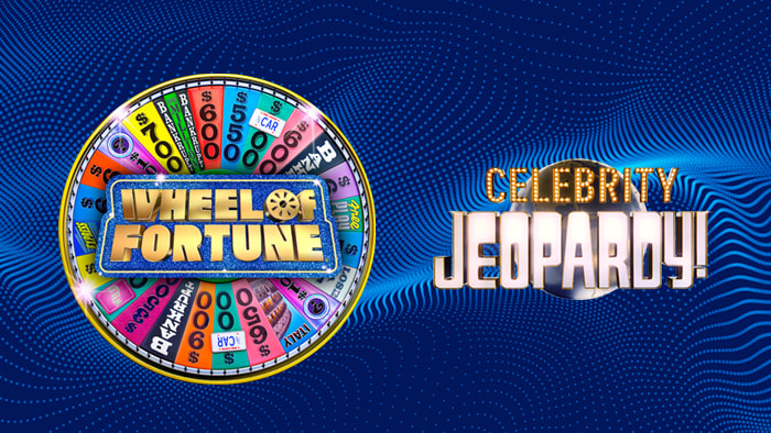  A creative blend of 'Wheel of Fortune' and 'Jeopardy!' sets, symbolizing their April Fools' Day role reversal