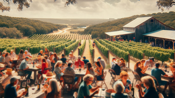 William Chris Vineyards in Hye, Texas, with a rustic barn-like winery and visitors enjoying a tasting